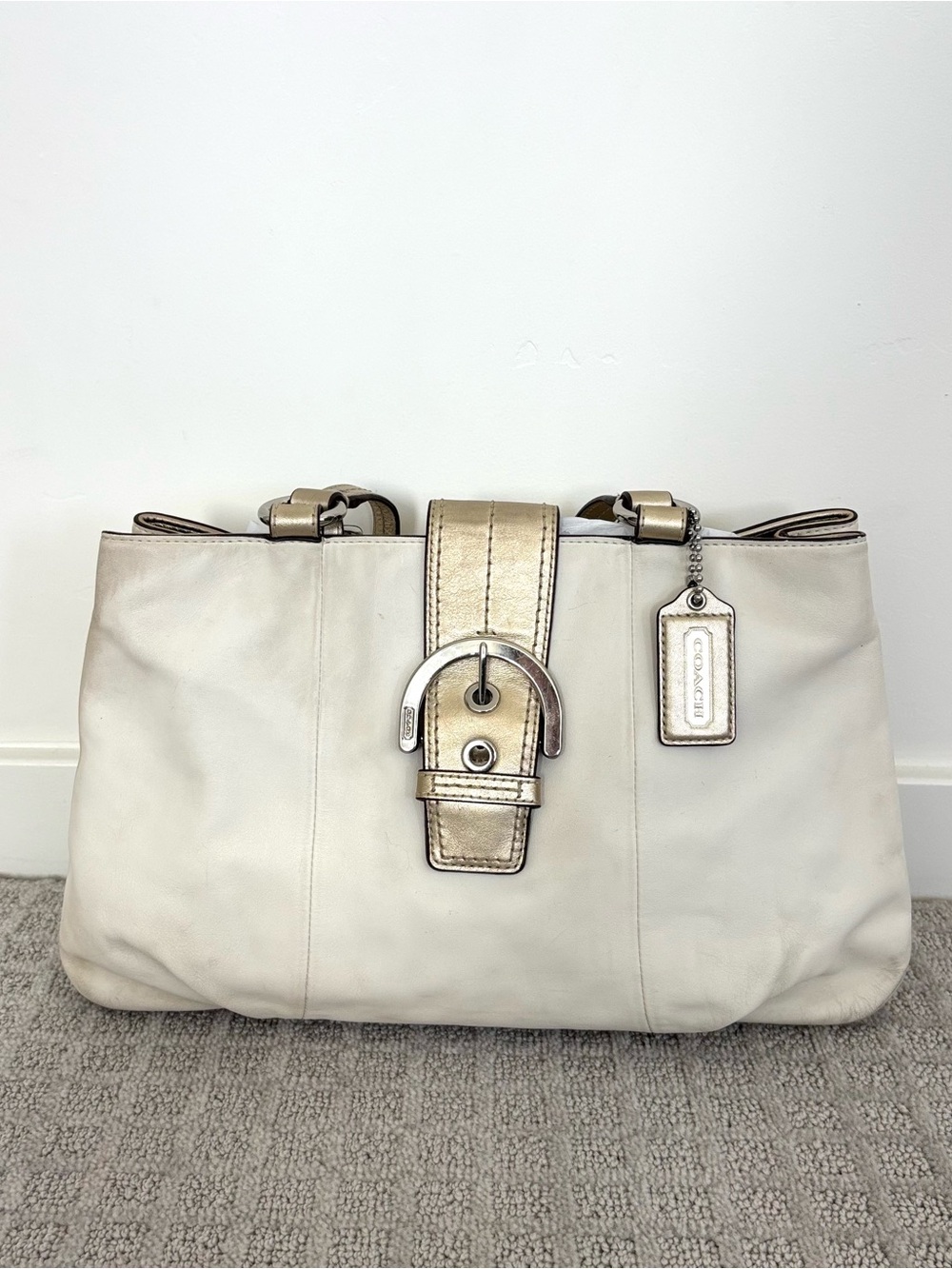 Coach Off-White Leather Shoulder Tote with Metallic Gold Strap
